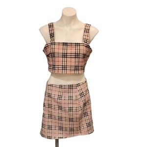 Motel Rocks Two Piece Pink Plaid Crop Tank Top and Skirt